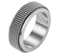 PAURO Unisex 8mm Woven Mesh Texture Spinner Rings Silver Size N 1/2