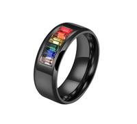 PAURO Unisex Stainless Steel Personality Rainbow Striped Pride LGBT Individual Trends Ring Black Size U