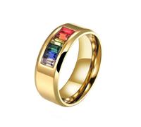 PAURO Unisex Stainless Steel Personality Rainbow Striped Pride LGBT Individual Trends Ring Gold Size U