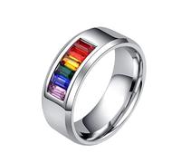 PAURO Unisex Stainless Steel Personality Rainbow Striped Pride LGBT Individual Trends Ring Silver Size U