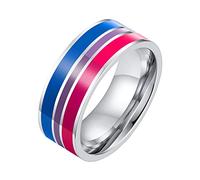PAURO Unisex Stainless Steel Rainbow Striped Pride LGBT Individual Trends Ring Bisexual Size S