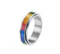 PAURO Unisex's Stainless Steel Anxiety Rotatable Rainbow Flag LGBT Pride Ring for Gay Lesbians 6MM Silver Size N 1/2