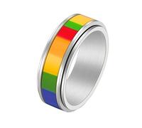 PAURO Unisex's Stainless Steel Anxiety Rotatable Rainbow Flag LGBT Pride Ring for Gay Lesbians 8MM Silver Size P 1/2