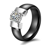 PAURO Women's Ceramic Jewelry High Polished with Zircon Engagement Wedding Band Ring Black Silver Size L