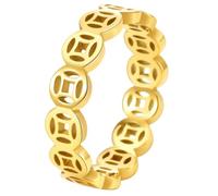 PAURO Women's Stainless Steel 5mm Hollow Chinese Coin Stackable Rings Lucky Money Coin Band Fortune Good Luck Daily Stack Jewelry Gift Gold Size S