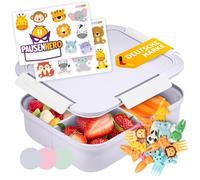 Pausenhero Children's Lunch Box with Compartments [Fruit Forks + Sticker Set Grey] Lunch Box School Snack Box with Compartments Bento Box Children's Lunch Box Adults Bento Box Children's Lunch Box