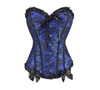 PAUSUNA Women Lace Up Floral Lace Red Burlesque Basque Bustier Shaper Overbust Black Corset Top (Floral Lace Blue, 12)