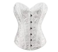 PAUSUNA Women's Classic Lace-up Floral Burlesque Basque Bustier Shaper Overbust Boned Corset Top (White Floral Top, 14)