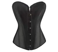 PAUSUNA Women's Satin Plain Pure Black Bustier Top Burlesque Basque Shaper Boned Corset (Black, 16)