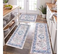Pauwer Kitchen Mats for Floor 3 Piece Set Boho Non Slip Kitchen Rugs Washable Farmhouse Kitchen Floor Mats Thick Long Kitchen Throw Area Rug Carpet Runner for Hallway Entryway Laundry Bathroom, Blue