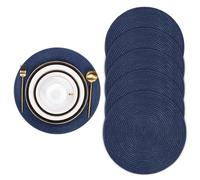 Pauwer Woven Round Placemats Set of 6, Heat Insulation Non Slip Braided Dinner Table Mats Washable Kitchen Dining Table Place Mats for Hotel Wedding Party Holiday, Navy