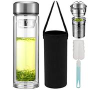 Pauzema 1L Borosilicate Glass Bottle with 2-in-1 Stainless Steel Strainer, 1000 ml, Leak-Proof, Double Walled, BPA Free, Dishwasher Safe, Reusable