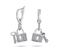 Pave Crystal Lock And Key Charm Dangle Earrings For Women Girlfriend Couples Silver Plated Brass
