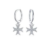 Pave Cubic Zirconia CZ Ancient Religious Masonic Knight Templar Fleur De Lis Maltese Cross Huggie Hoop For Women Teens Removable Interchangeable Charms .925 Sterling Silver