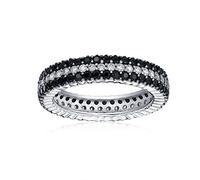 Pave Cubic Zirconia Two Tone 3 Row Stripe AAA CZ Statement Black & White Wedding Eternity Band Ring For Women .925 Sterling Silver