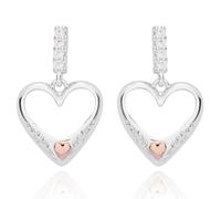 Pavé CZ Silver and Rose Gold Plated Heart Drop Earrings with Cubic Zirconia, Two Tone, Height: 2 x Width: 1.2 x Depth: 0.3 cm
