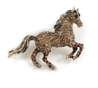 Pave Set Amber/Brown Crystal Horse Brooch in Aged Gold Tone - 60mm Across
