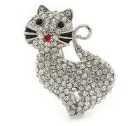 Pave Set Clear Austrian Crystal 'Kitty' Brooch In Silver Tone - 40mm L