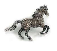 Pave Set Grey/Black Crystal Horse Brooch in Aged Silver Tone - 60mm Across
