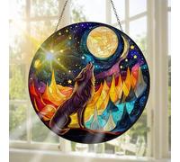 Pavemlo Moon Wolf Suncatcher Indoor Stained Glass Window Hanging - Outdoor Window Hanging Decoration - Sun Catcher Home Decor Mother's Day Birthday Gifts for Women, Men Mom 20x20 cm