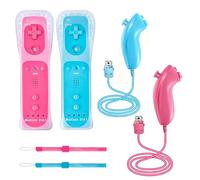 PaveRovi 2Pack Motion Plus Wii Controllers with Nunchucks,Wii Remote Controllers with Built in Motion Plus Compatible for Wii/Wii U Consoles(Pink+Light Blue)