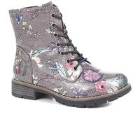 Pavers Distinctive Ladies Combat Ankle Boots in Grey Multi with Metallic Floral Print - Side Zip for Easy Wear - Full Lace-Up - Size UK 4 / EU 37