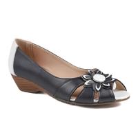 Pavers Flower Detail Peep Toe Wedge Pumps - Navy - White Size 7