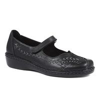 Pavers Ladies Leather Wide Fit Touch Fasten Mary Jane in Black - Stylish Daytime Wear with Unique Cut-Out Detail - Adjustable Fastening - UK 7 / EU 40