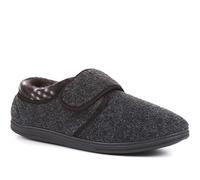 Pavers Men's Cosy Fuzzy Textile Slippers in Charcoal with Touch Fasten Strap - Cushioned Footbed - Anti-Bacterial Technology - Size UK 10 / EU 44