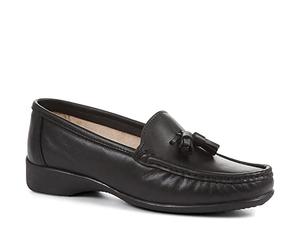 Pavers Womens Wide Fit Leather Tassel Loafers in Black - Comfortable Slip-On Shoes - Smart Work & Casual Everyday Shoes with Low Heel - UK Size 3