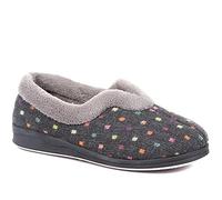 Pavers Ladies Wide Fit Polka Dot Slippers in Dark Grey with Memory Foam and Anti-Odour Treatment Women Fluffy Inner Lining Shoes - Size UK 6/EU 39
