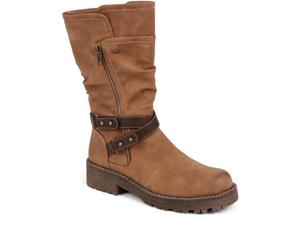 Pavers Women's Zip Up Calf Boots in Tan with Dual Buckle Straps and Ruched Design - Comfortable Fit and Durable - Stylish Footwear - Size UK 7 / EU 40