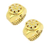 Pavewood 2X Round Dial Crystal Flower Decor Elastic Band Finger Ring Watch for Lady