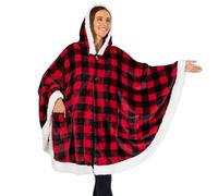 PAVILIA Angel Wrap Hooded Blanket | Poncho Blanket Wrap with Soft Sherpa Fleece | Wearable Blanket Throw Gift with Hood Pockets Cape | Plush Warm Shawl Cozy Gifts for Women Wife (Checker Red)