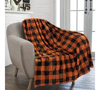 PAVILIA Black and Orange Buffalo Plaid Fleece Throw Blanket for Couch, Soft Halloween Flannel Blanket for Sofa, Orange Checkered Plaid Fall Couch Throw, Warm Cozy Fall Bed Blanket Decor Gift, 50x60