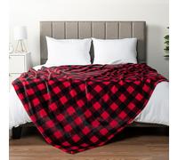 PAVILIA Black and Red Buffalo Plaid Fleece Bed Blanket Queen Size, Soft Checkered Flannel Blanket for Sofa, Plaid Christmas Couch Throw Bed, Warm Cozy Decorative Blanket Fall Decor Gift, 90x90