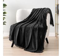 PAVILIA Black Throw Blanket Pom Pom for Couch Bed Sofa, Fleece Soft Fuzzy Cozy Lightweight Pompom Fringe Blanket, Decorative Boho Room Home Decor Gift Flannel Velvet Throw, Dark Solid Black, 50x60