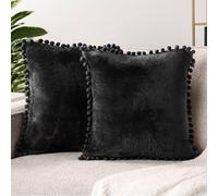 PAVILIA Black Throw Pillow Covers with Pom Pom 18x18 Set of 2, Decorative Pillow Cases for Bedroom Aesthetic, Small Throw Pillows Set for Bed, Velvet Euro Plush Cushion Covers for Sofa Couch