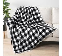 PAVILIA Black White Fleece Throw Blanket for Couch with Pom Pom Fringe, Buffalo Checkered Plaid, Soft Cozy Fuzzy Flannel Blanket for Sofa Bed, Large Lightweight Plush All Season Throw, 60x80 Inches