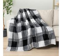 PAVILIA Buffalo Plaid Black White Sherpa Throw Blanket for Couch Sofa | Fluffy Shaggy Fleece Blanket | Plush, Fuzzy, Cozy, Warm Microfiber Throw Checkered Blanket, 60x80, Twin Bed