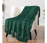 PAVILIA Chenille Tassel Fringe Throw Blanket | Velvety Textured Decorative Knit Throw for Sofa Couch Bed | Soft Boho Woven Cozy Lightweight Knitted Throw | Emerald Green 50 x 60 Inches