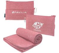 PAVILIA, Compact Travel Blanket with Bag, Airplane Blanket with Pillow for Long Flights, Lightweight Travel Blanket with Luggage Strap, Camping Travel Essential, Pink, 65 x 40 inches