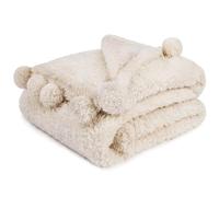 PAVILIA Cream Sherpa Throw Blanket for Couch & Bed - Ivory Fuzzy, Soft, Cozy Fluffy Blanket with Pom Poms - Beige, 60x80