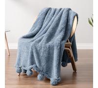 PAVILIA Dusty Blue Sherpa Throw Blanket with Soft Pom Pom Fringe, Plush Cozy Warm Blankets for Couch Bed Sofa, Fuzzy Fleece Throw with Pompom, Lightweight Fluffy, Blue 50x60 in