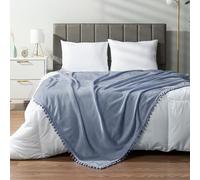 PAVILIA Dusty Blue Throw Blanket Pom Pom for Couch, Twin Size, Soft Fleece Cozy Pompom Fringe Sofa Blanket, Decorative Home Gift Flannel Velvet, Slate Light Blue, 60x80