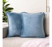 PAVILIA Dusty Blue Throw Pillow Covers with Tassel, 18x18, Set of 2, Decorative Pillow Covers for Bedroom, Aesthetic, Small Throw Pillow Set for Bed, Velvet, Euro Plush Pillow Covers for