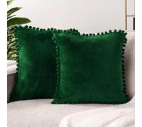 PAVILIA Emerald Green Throw Pillow Covers with Pom Pom 20x20 Set of 2, Decorative Pillow Cases for Bedroom Aesthetic, Small Throw Pillows Set for Bed, Velvet Euro Plush Cushion Covers for Sofa Couch