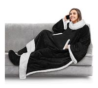 PAVILIA Fleece Blanket with Sleeves and Foot Pockets for Women Men Adult, Wearable Blanket Throw Wrap, Warm Cozy Extra Soft Sleep Hug Blanket with Feet, Gift for Women Mom (Solid Black)