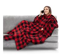 PAVILIA Fleece Blanket with Sleeves and Foot Pockets for Women Men Adults, Wearable Blanket Sleeved Throw Wrap, Plush Hug Sleep Pod Snuggle Blanket Robe, Cozy Gift Ideas Wife Mom, Checkered Red