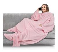 PAVILIA Fleece Blanket with Sleeves, Foot Pockets for Women Men Adults, Plush Wearable Blanket Throw Wrap, Warm Snuggle Blanket Robe, Cozy Gift Ideas Wife Mom, Light Pink